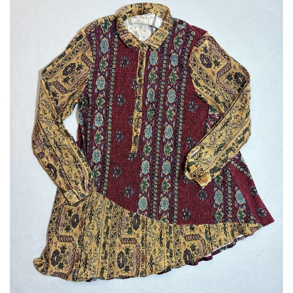 Paris Hues Asymetrical Colorful Red & Gold boho knee length shirt dress Hippy